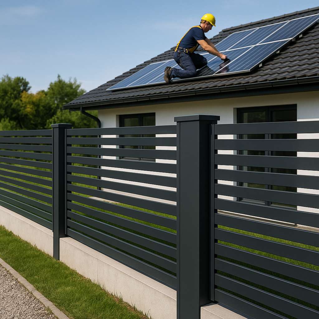 Obraz pokazujący instalację paneli słonecznych i nowoczesne ogrodzenie